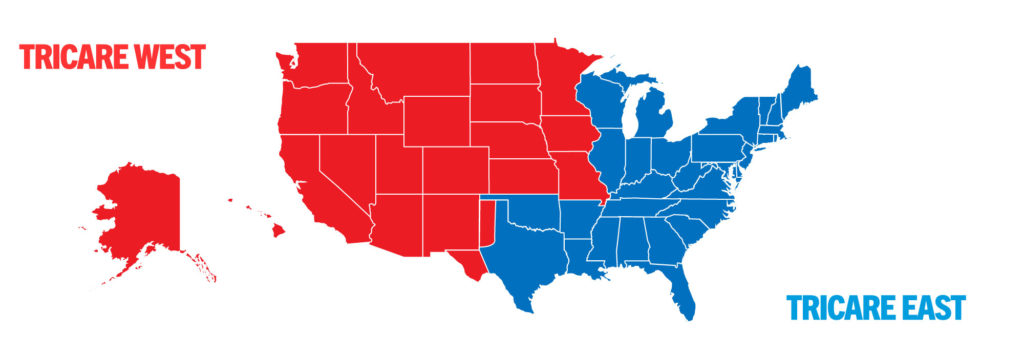 Red and blue map showing TRICARE-coverage for EAST and WEST U.S. regions