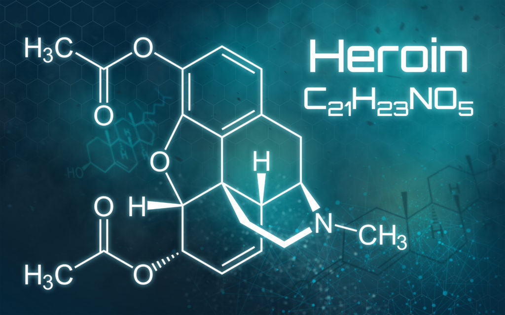 Image of the Chemical formula of Heroin on a futuristic background
